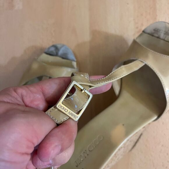 JIMMY CHOO Beige Patent Leather Pela Cork Wedge T Strap Sandals Size 38.5 - Picture 5 of 12